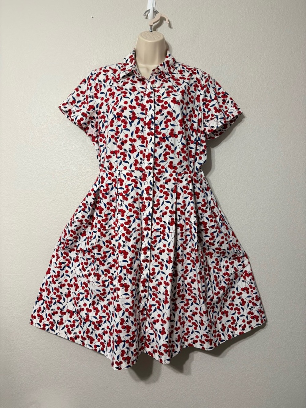 Donna Morgan Red White & Blue Cherry Print Cotton Midi Dress SS Pockets 14